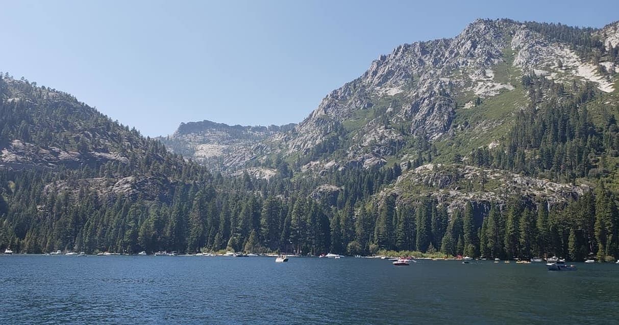 Mountain lake shoreline with pine forests and alpine peaks