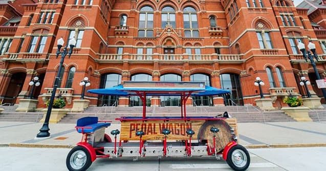 Pedal wagon parked at historic downtown Cincinnati plaza