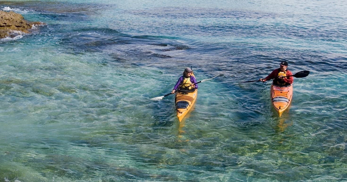 Aerial view of kayakers paddling through clear turquoise coastal water