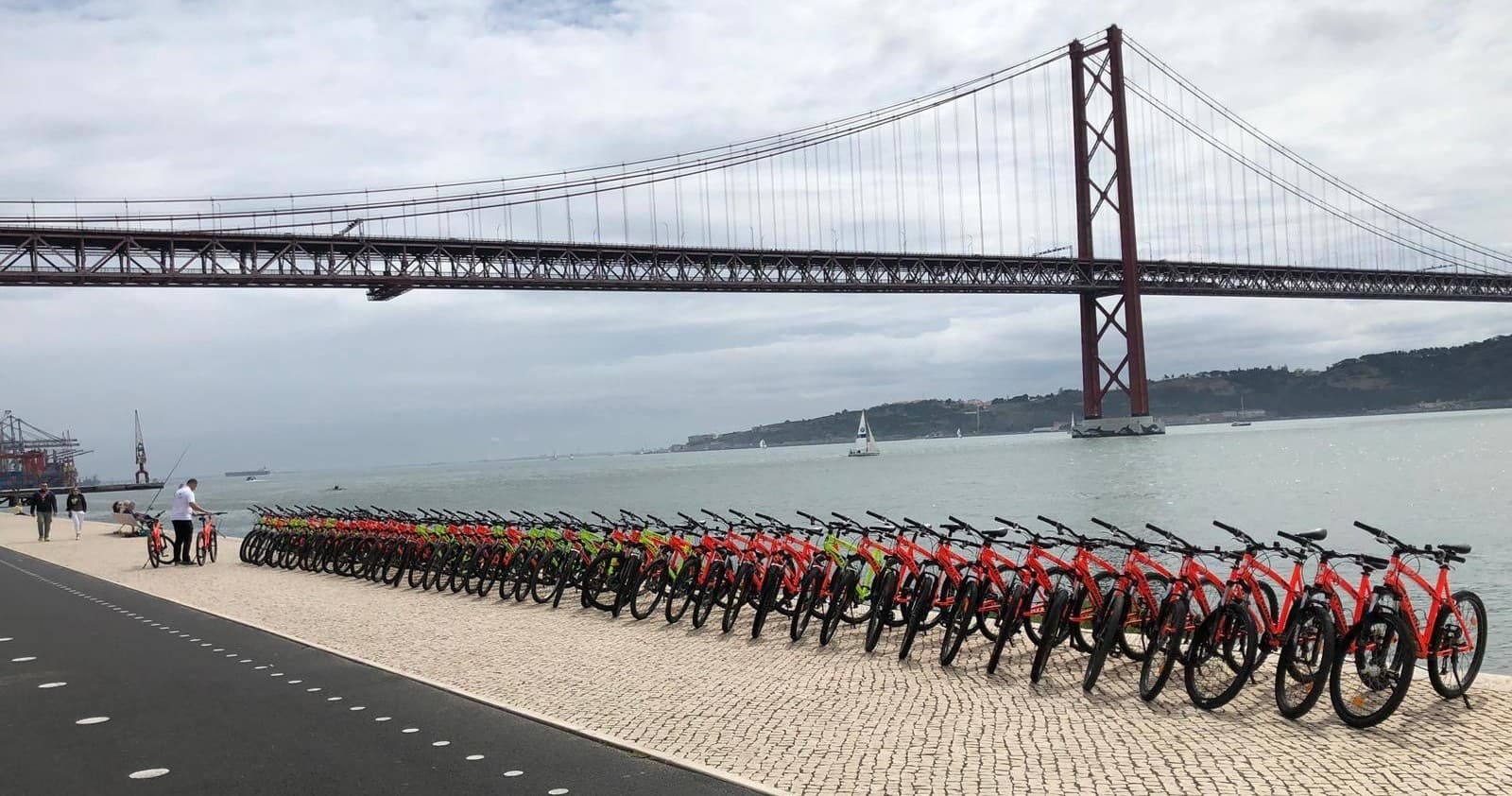 Row of rental bikes along riverside with suspension bridge view