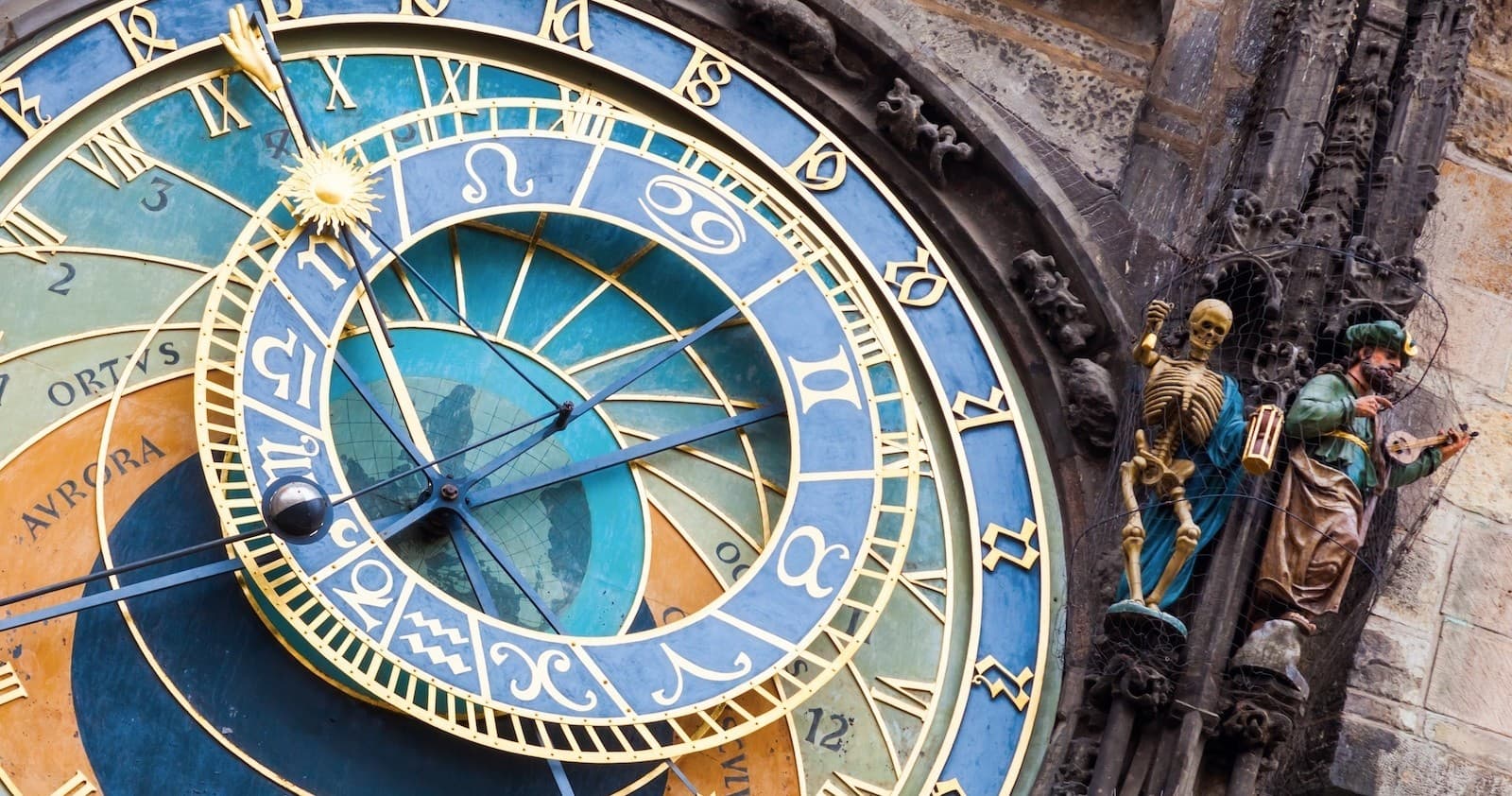 Close-up of Prague astronomical clock on historic Old Town tower