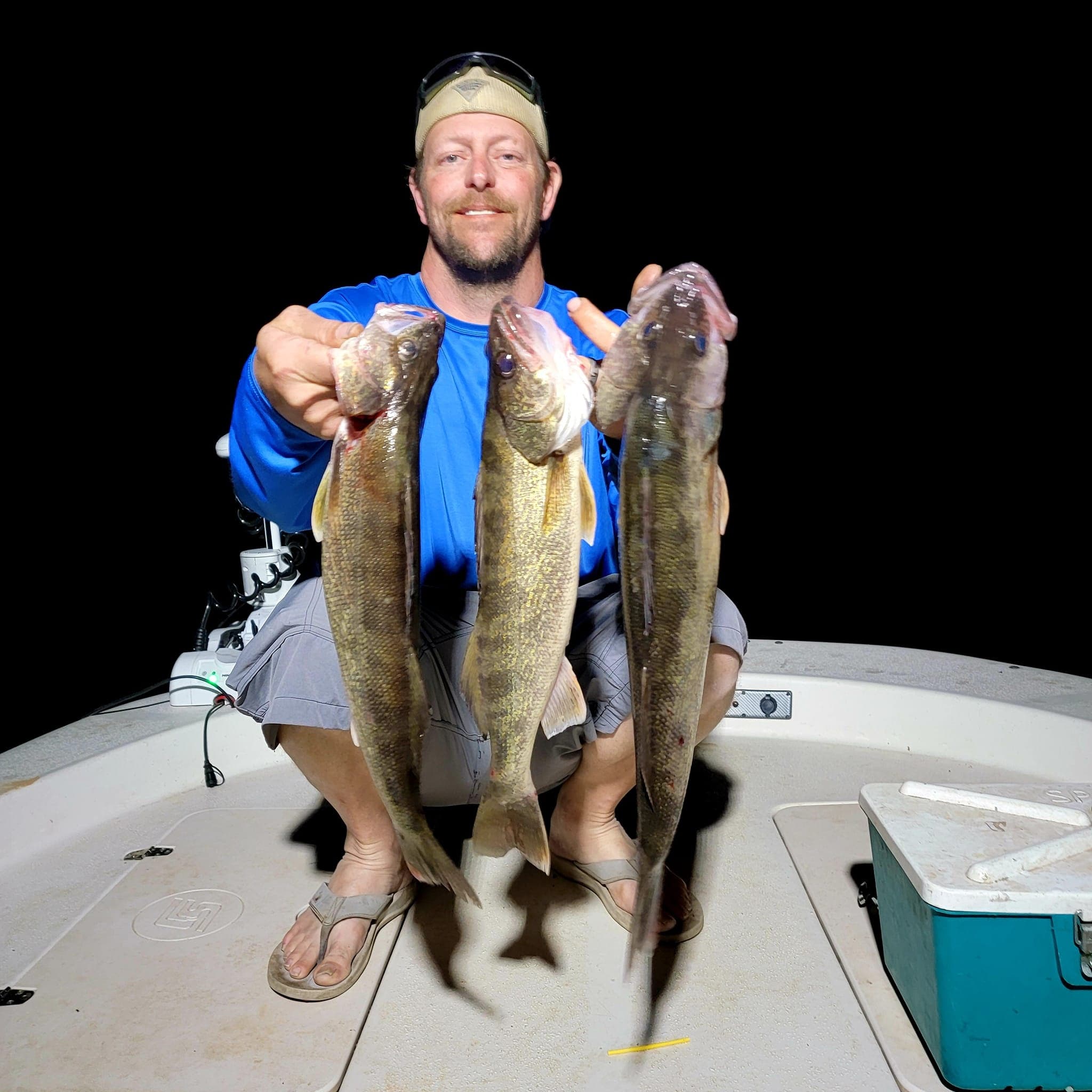 Night fishing catch: angler showing three walleye from boat