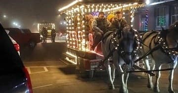 Decorated horse carriage with passengers on city street at night
