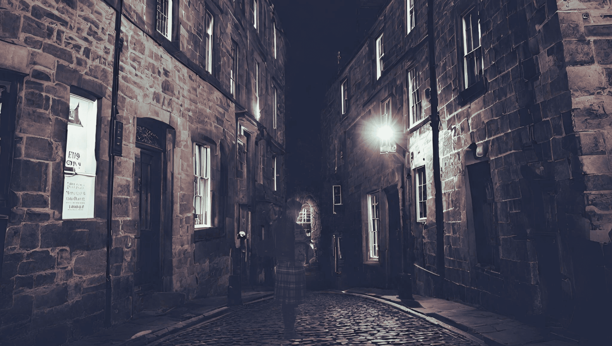 Nighttime cobblestone alley in historic city, atmospheric stroll