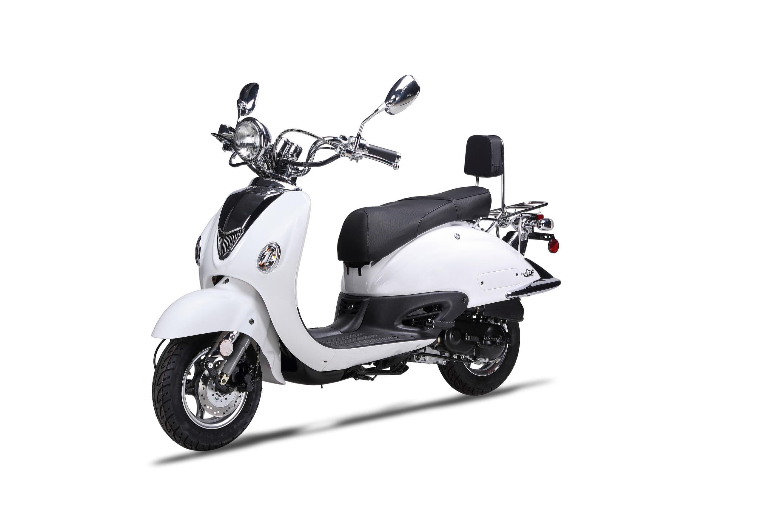 White retro scooter studio shot, rental model showcase