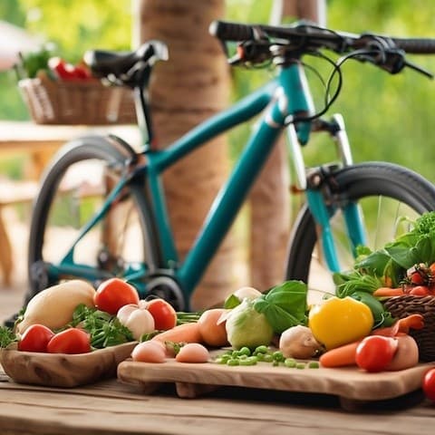 Bicycle parked by outdoor farmers' market with fresh produce