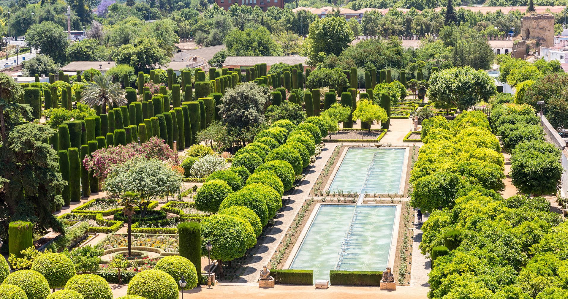 Alcázar de los Reyes Cristianos gardens aerial view in Córdoba