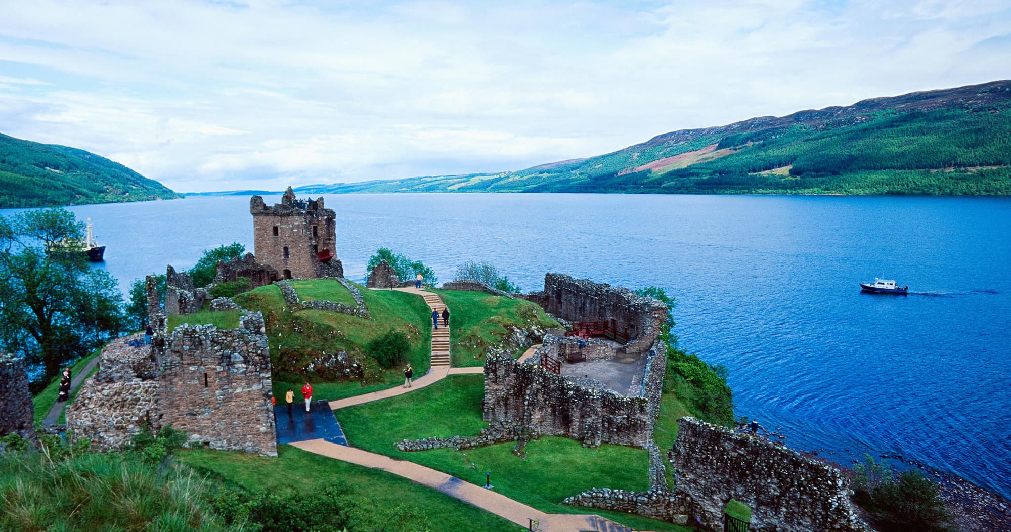 Urquhart Castle ruins on Loch Ness shore, scenic viewpoint tour