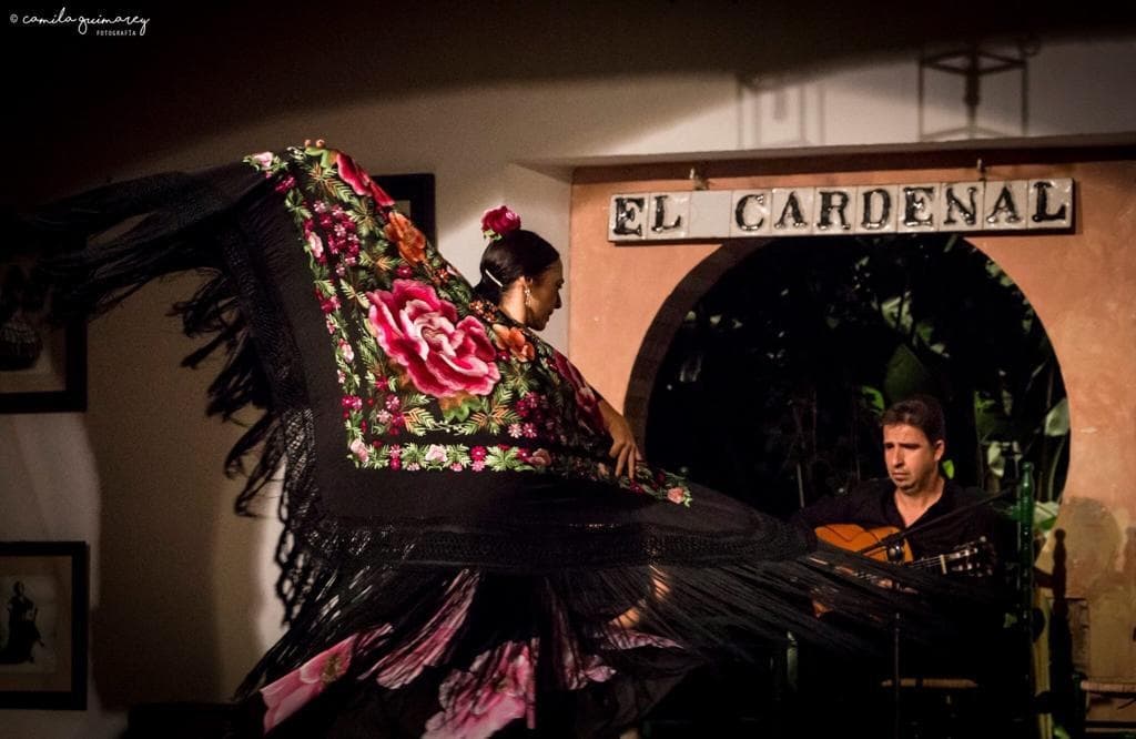 Flamenco dancer performing with guitarist on indoor El Cardenal stage