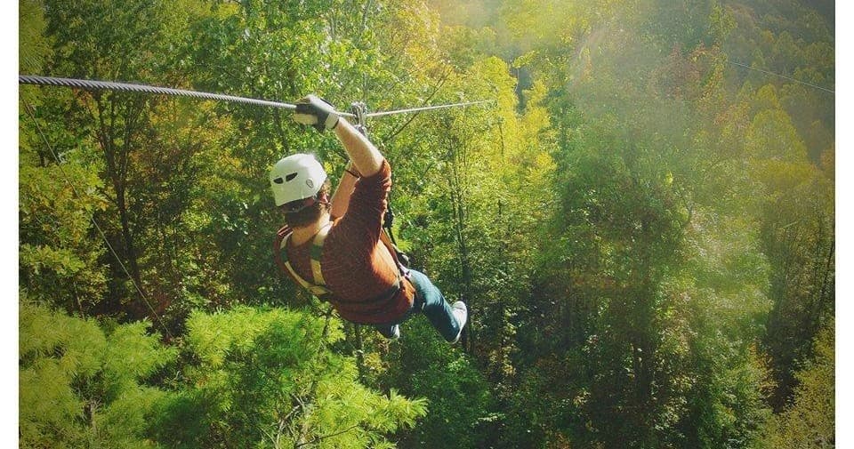 Zipliner gliding over lush forest canopy in scenic aerial ride