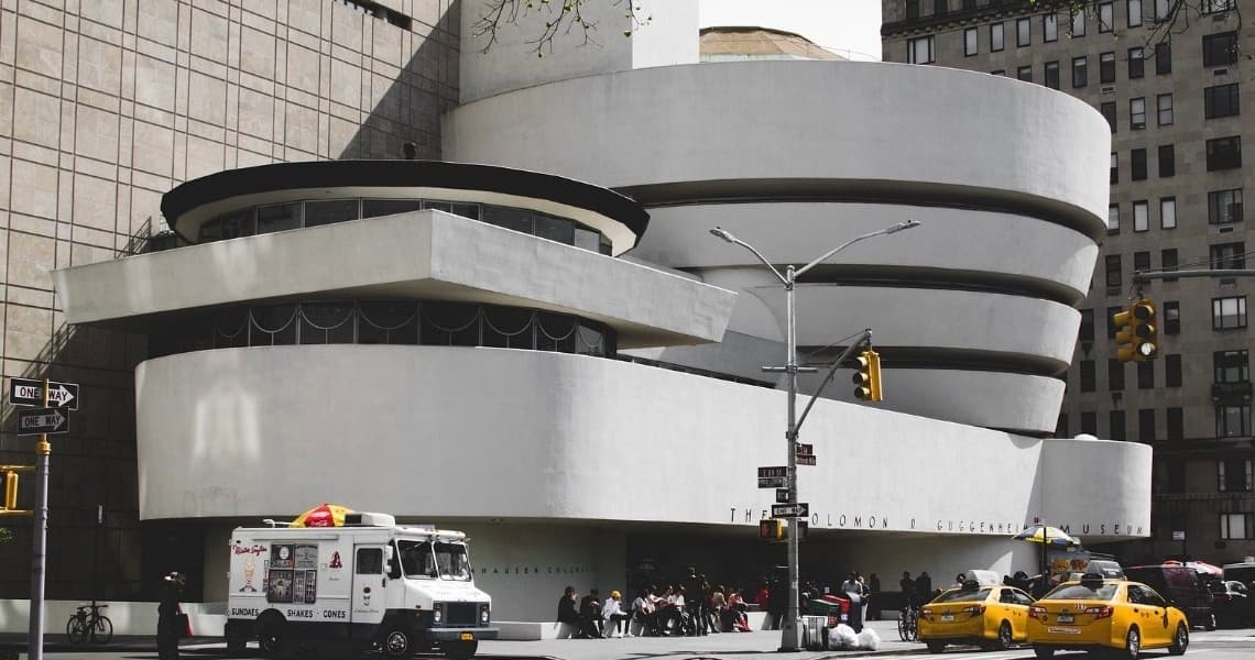 Solomon R. Guggenheim exterior on city street, unique spiral