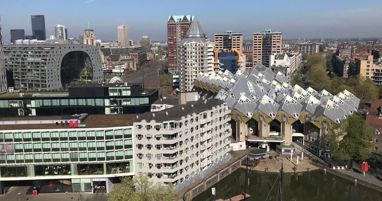 Cube houses and Rotterdam cityscape viewed from above