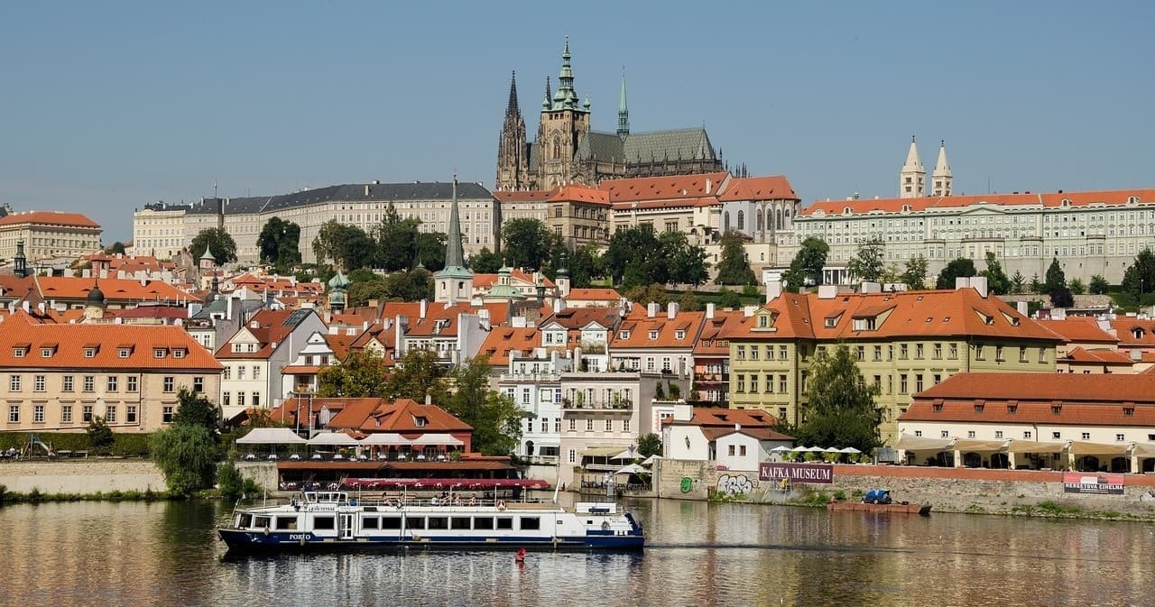 Prague Castle and Vltava River panorama from riverside