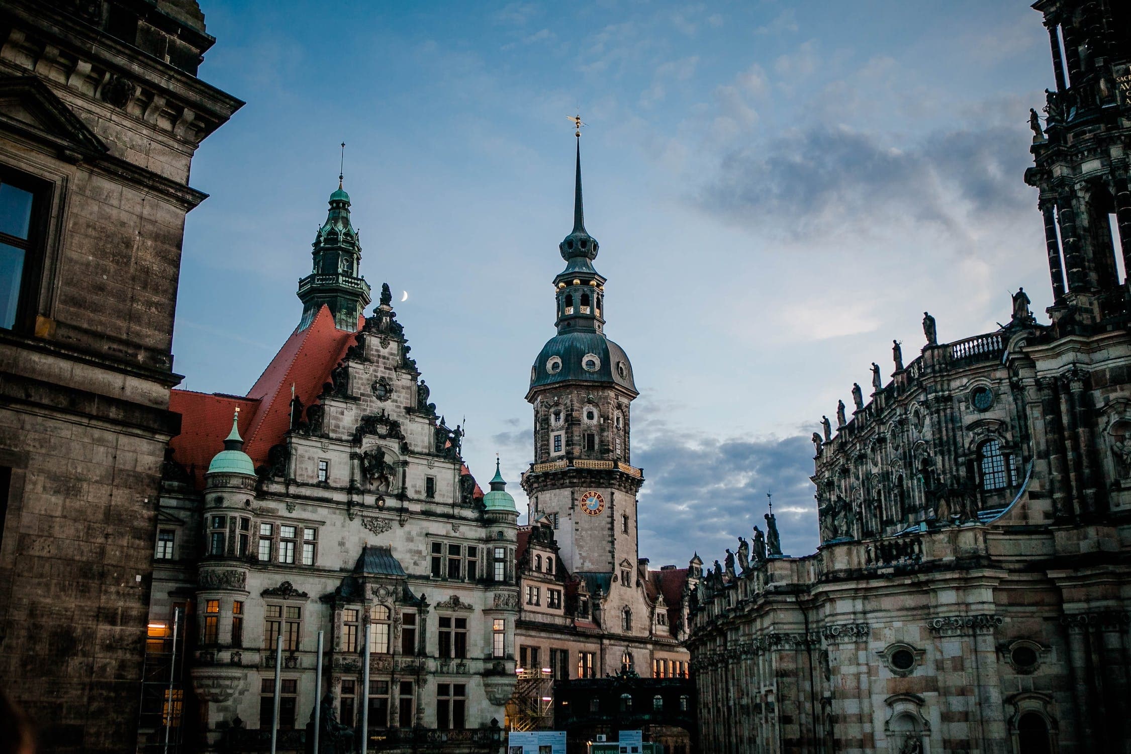 Historic Dresden skyline with cathedral towers at dusk