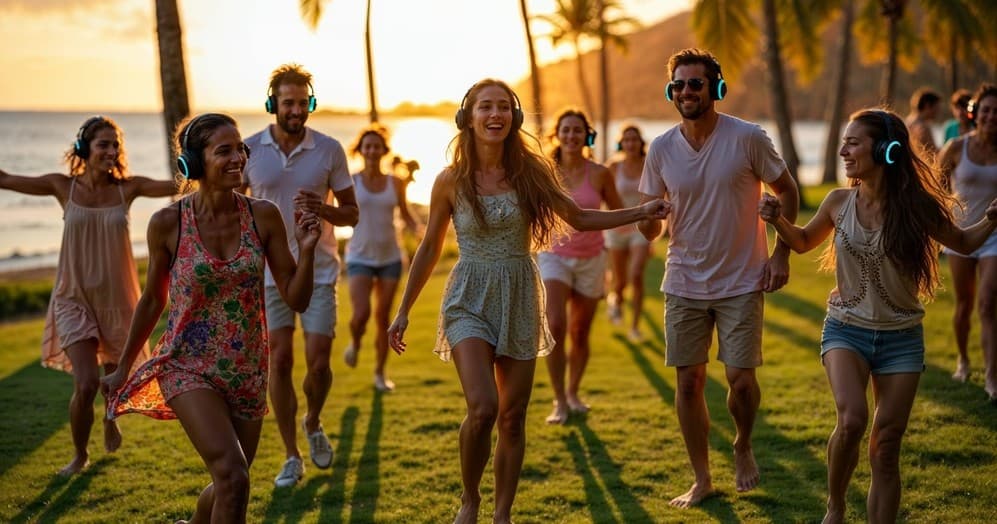 Group dancing meditation on beach grass at sunset with headphones