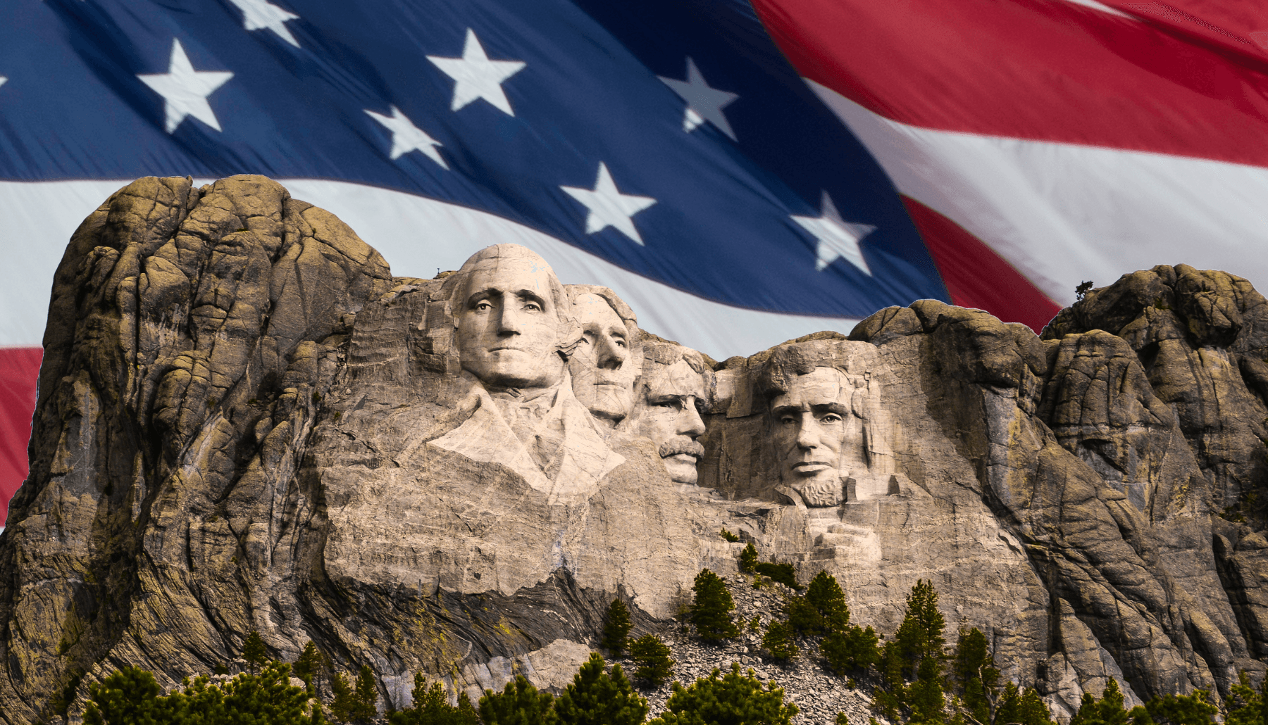 Mount Rushmore monument with American flag, outdoor landmark