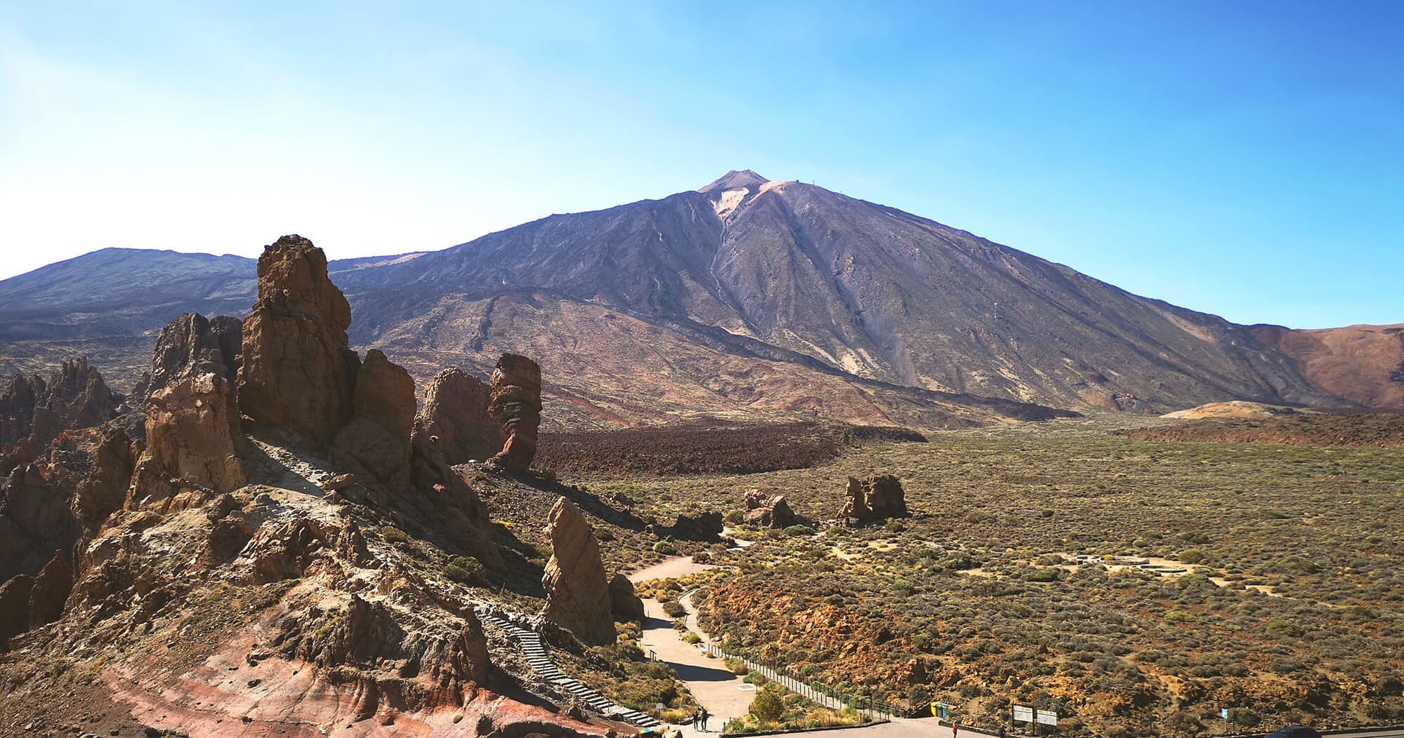 Hikers admiring Teide volcanic landscape panorama in Tenerife