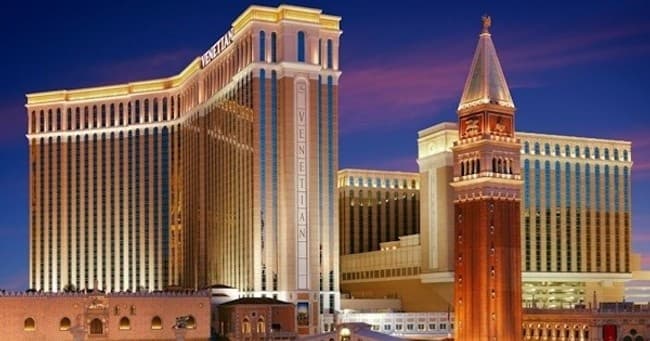 The Venetian resort facade on Las Vegas Strip at dusk