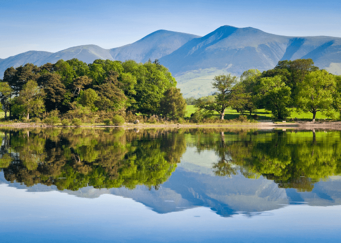 Tranquil mountain lake reflecting peaks, scenic nature landscape