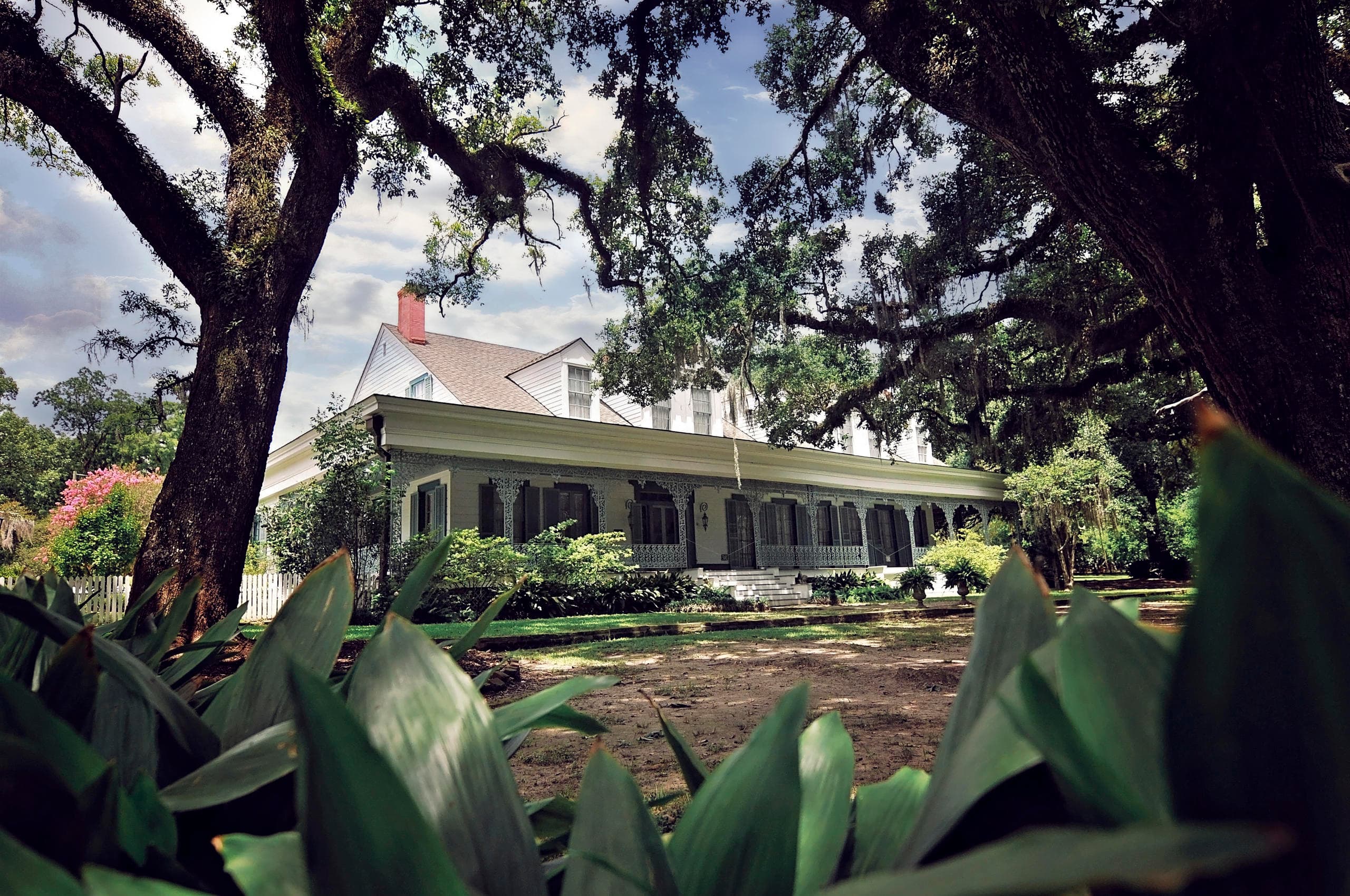 Plantation house framed by live oaks and lush landscaping