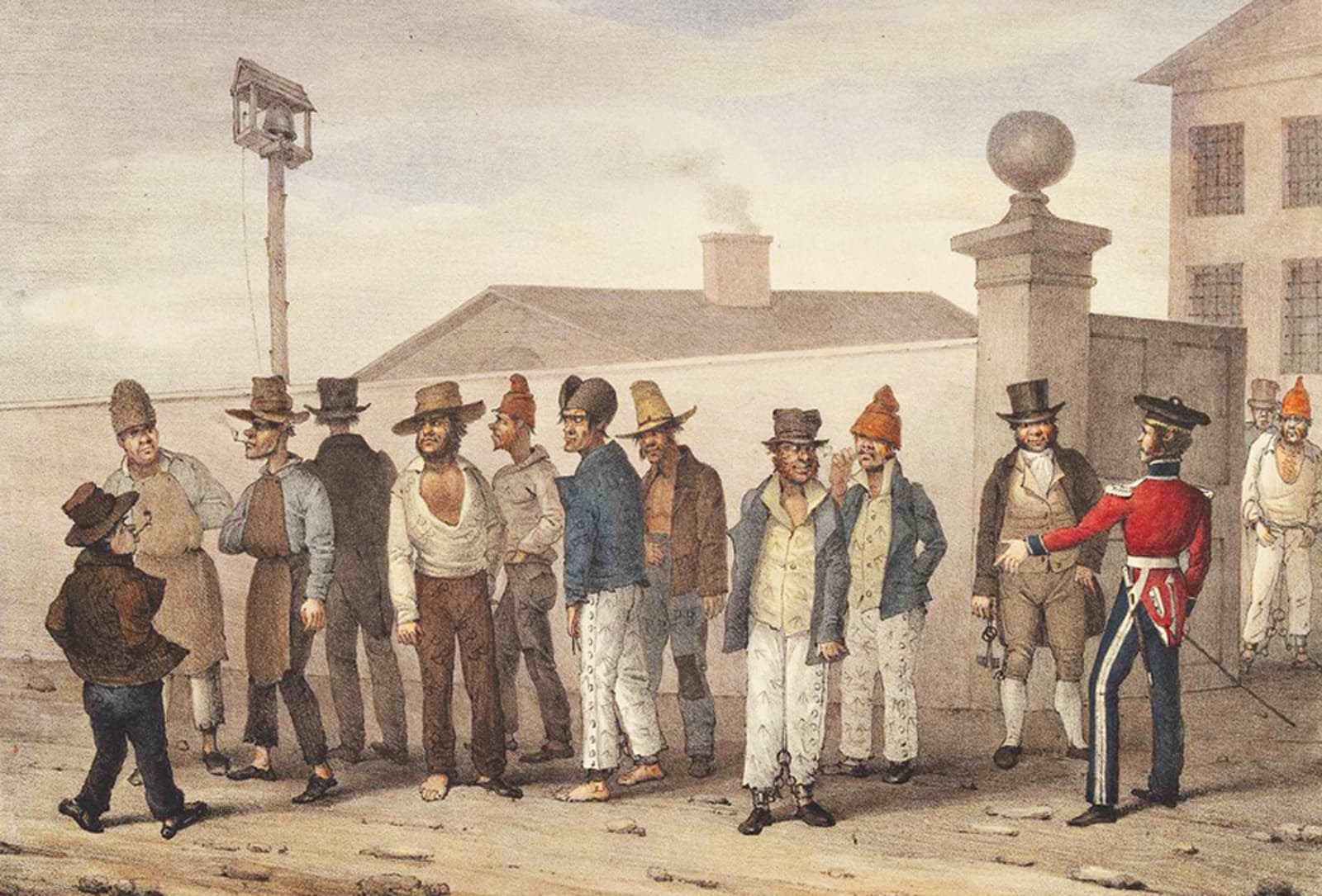19th-century dockworkers lined up in port, historical outdoor scene and tour