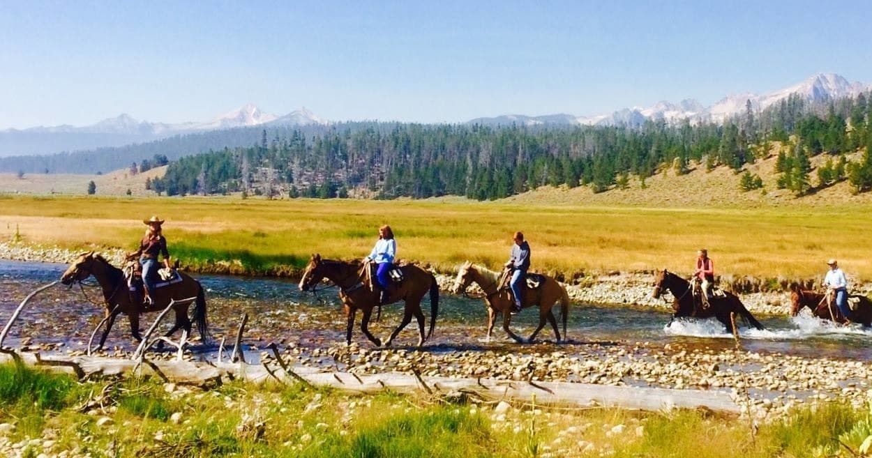 Horseback riders crossing mountain meadow stream in Wyoming