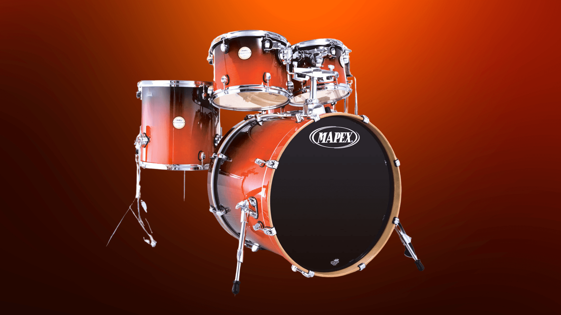 Orange drum kit on gradient studio background for band performance