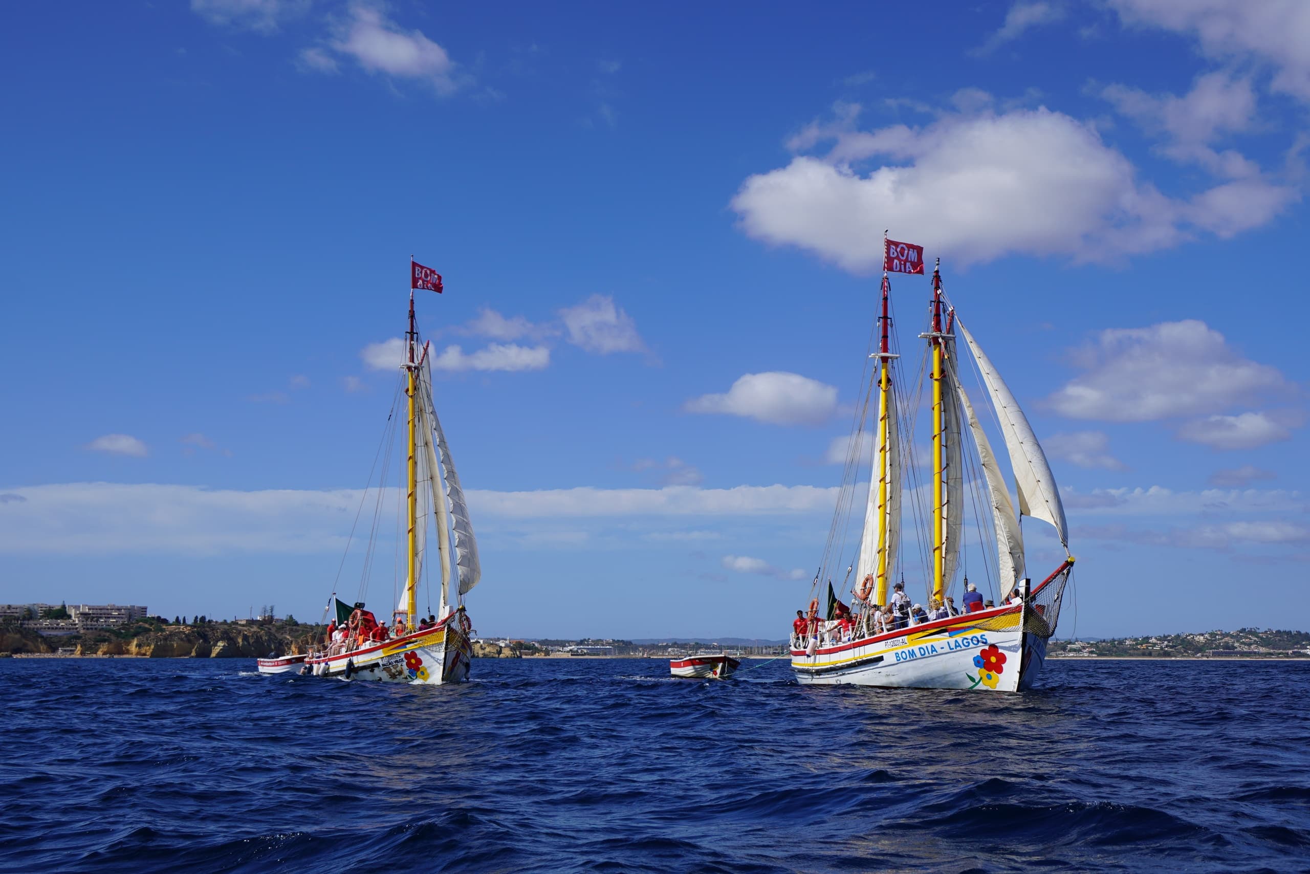 Traditional sailboats cruising blue ocean under sunny sky