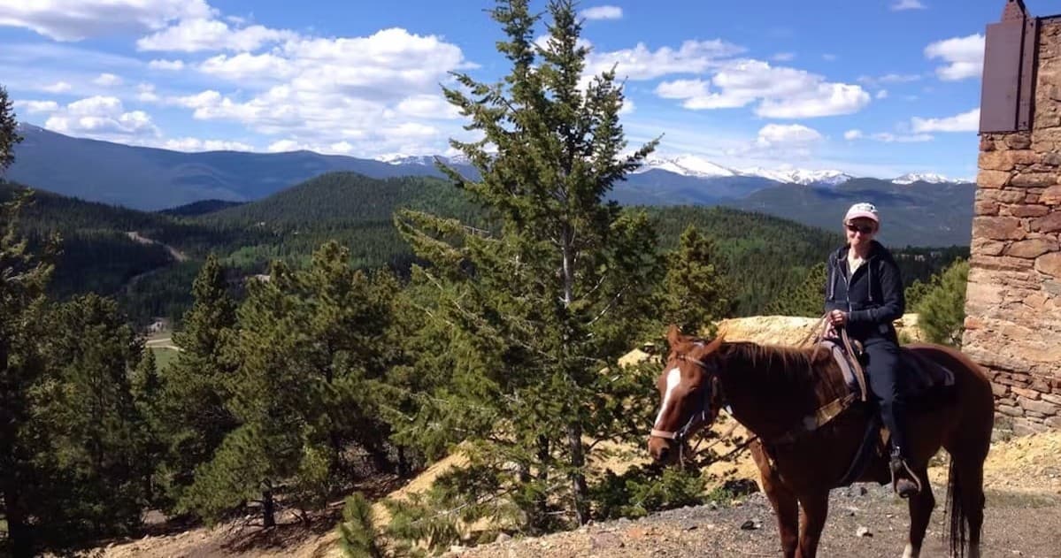 Horseback rider overlooking mountain vista on forested ridge