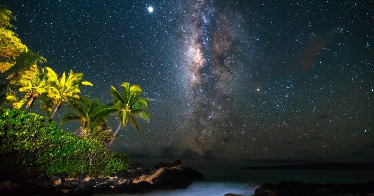 Milky Way over tropical beach with palms, Maui night sky tour