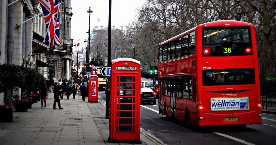 Iconic red double-decker and phone box on London street tour