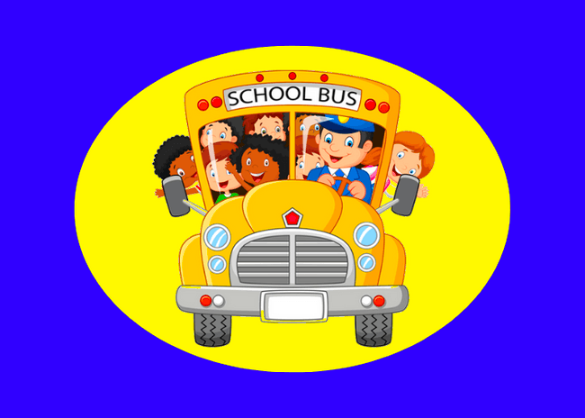 Cartoon school bus with kids, children's party graphic banner