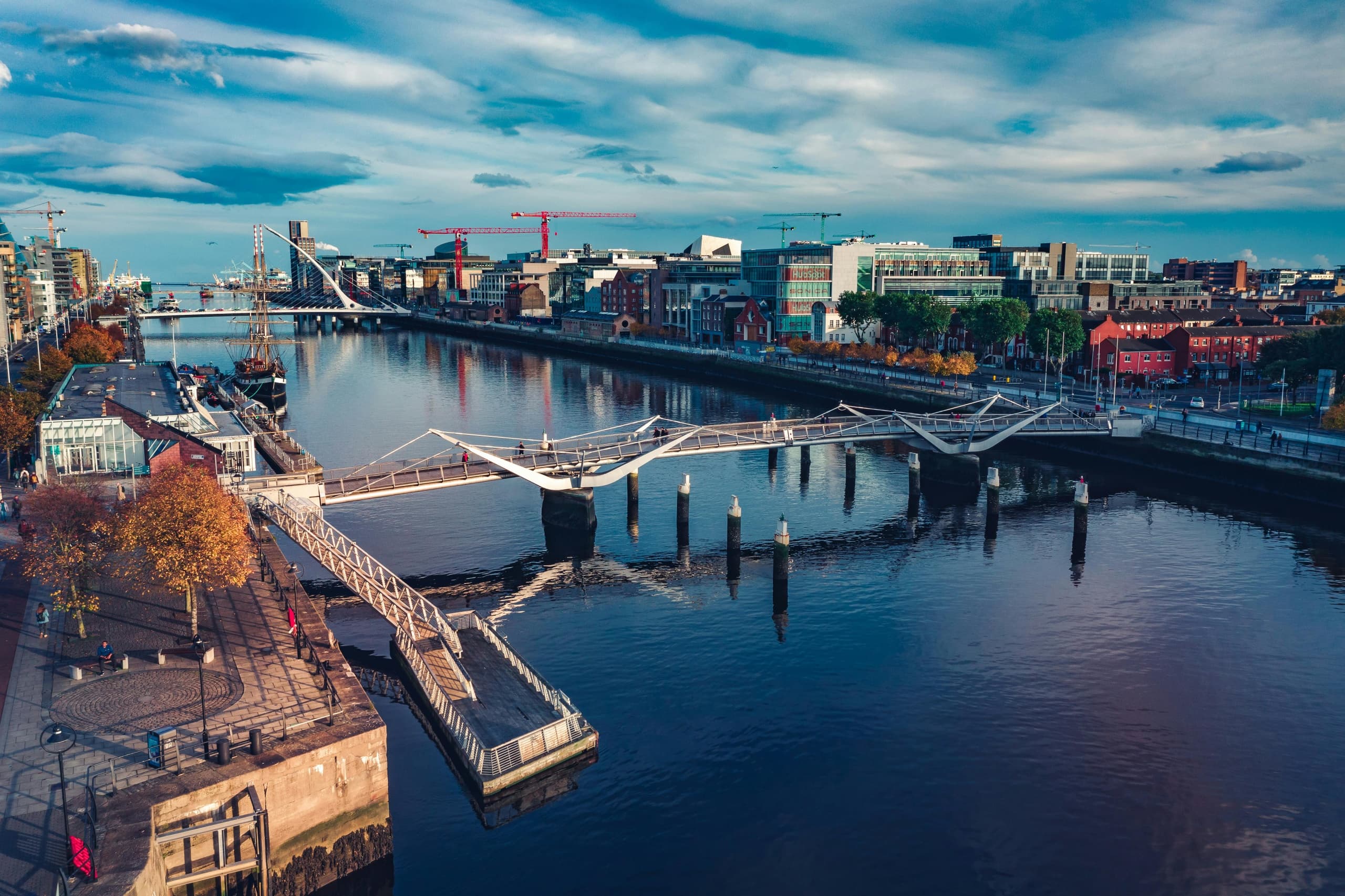 Aerial view of River Liffey and bridges in Dublin cityscape