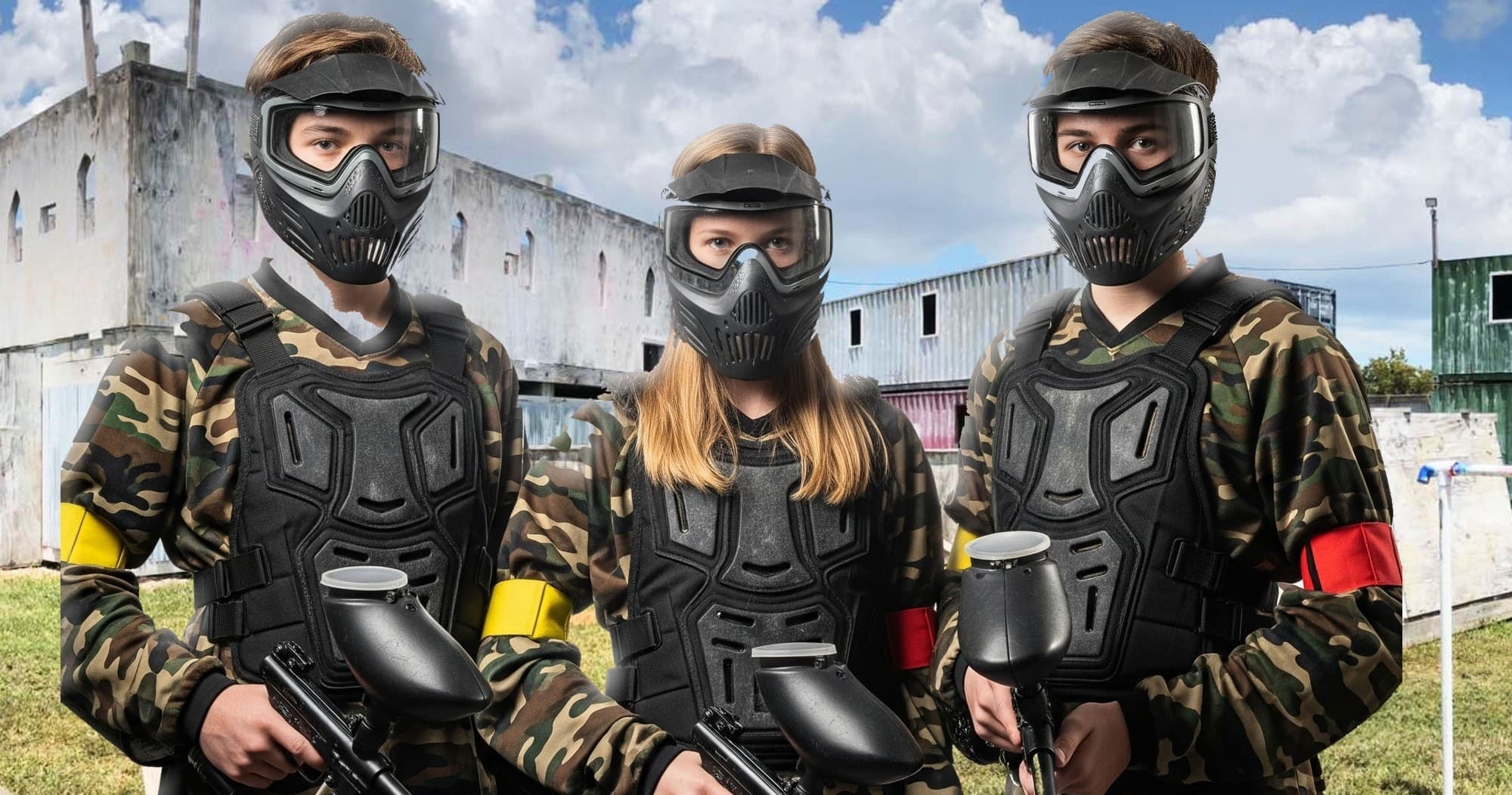 Paintball group in camouflage posing at outdoor field with bunkers