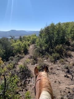 Rider horseback riding on mesa trail with mountain lake views
