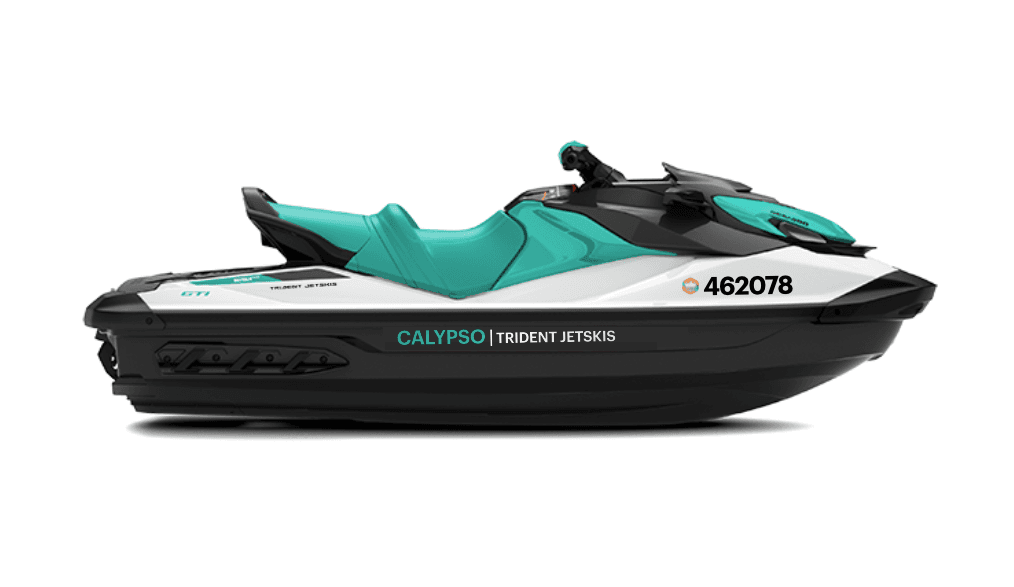 Teal two-seat jet ski profile on white background for rentals