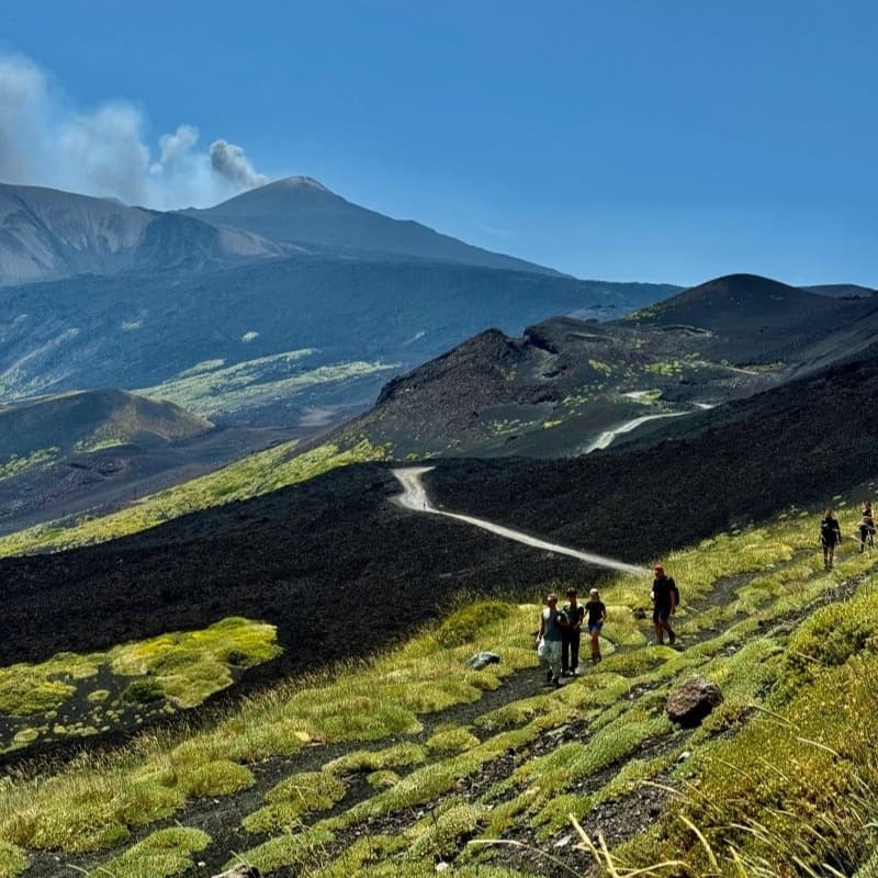 Hikers descending green lava terraces with Mount Etna backdrop