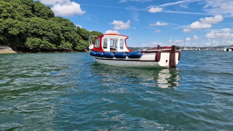 Small cabin launch cruising green estuary under blue sky