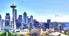 Panoramic Seattle skyline and Mount Rainier from Kerry Park viewpoint