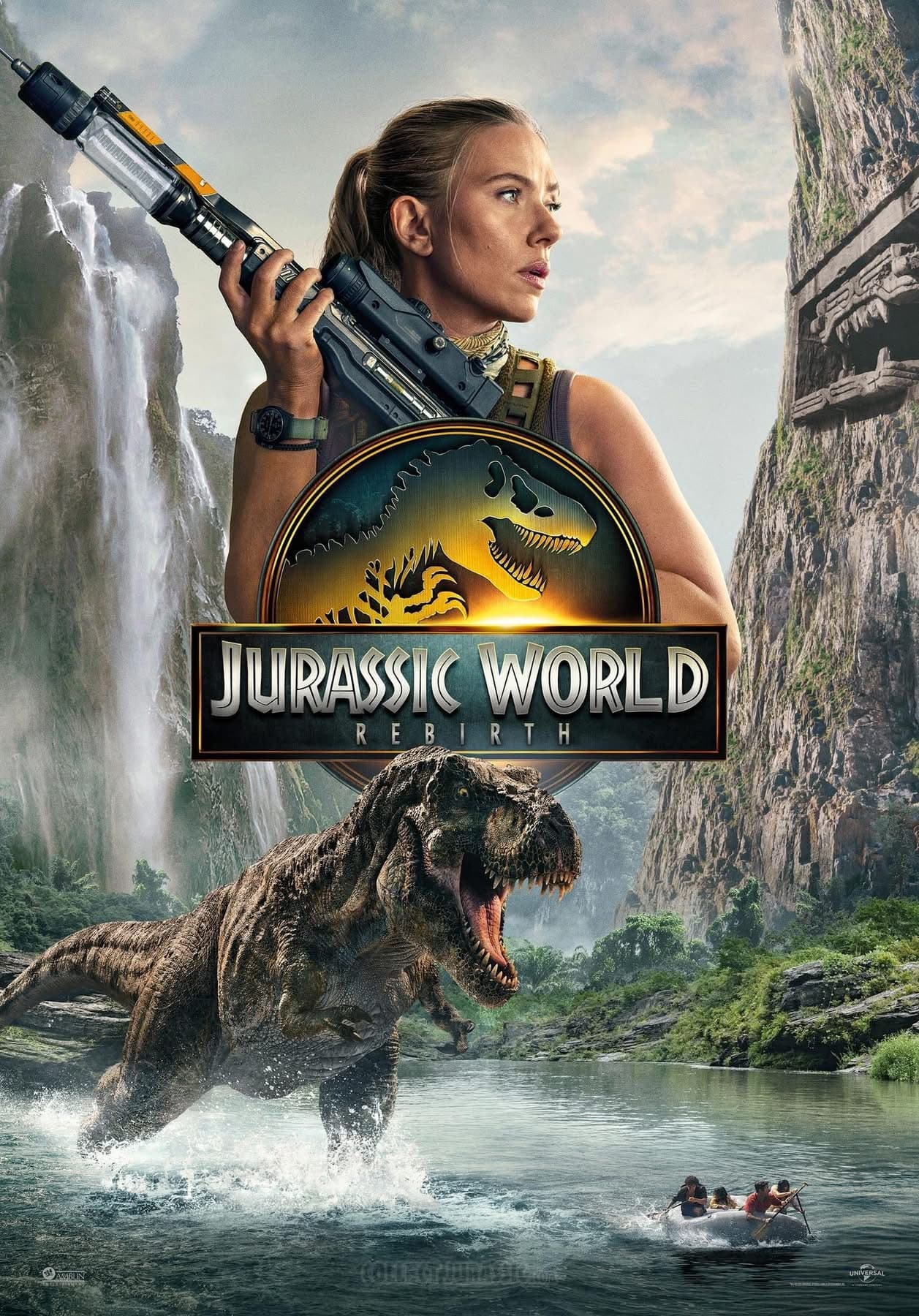 Tyrannosaur charging through jungle river gorge, intense action