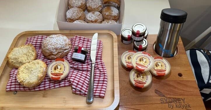 Assorted pastries and condiments on tray indoors, pre-trip snack