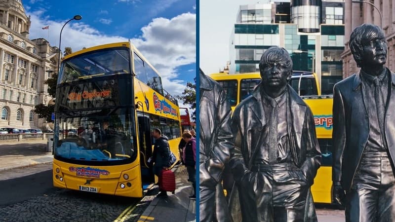 Yellow tour bus beside Beatles statues on Liverpool city street