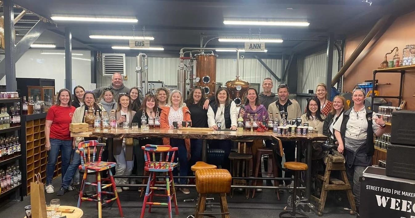 Large group tasting event in Angus Alchemy distillery warehouse