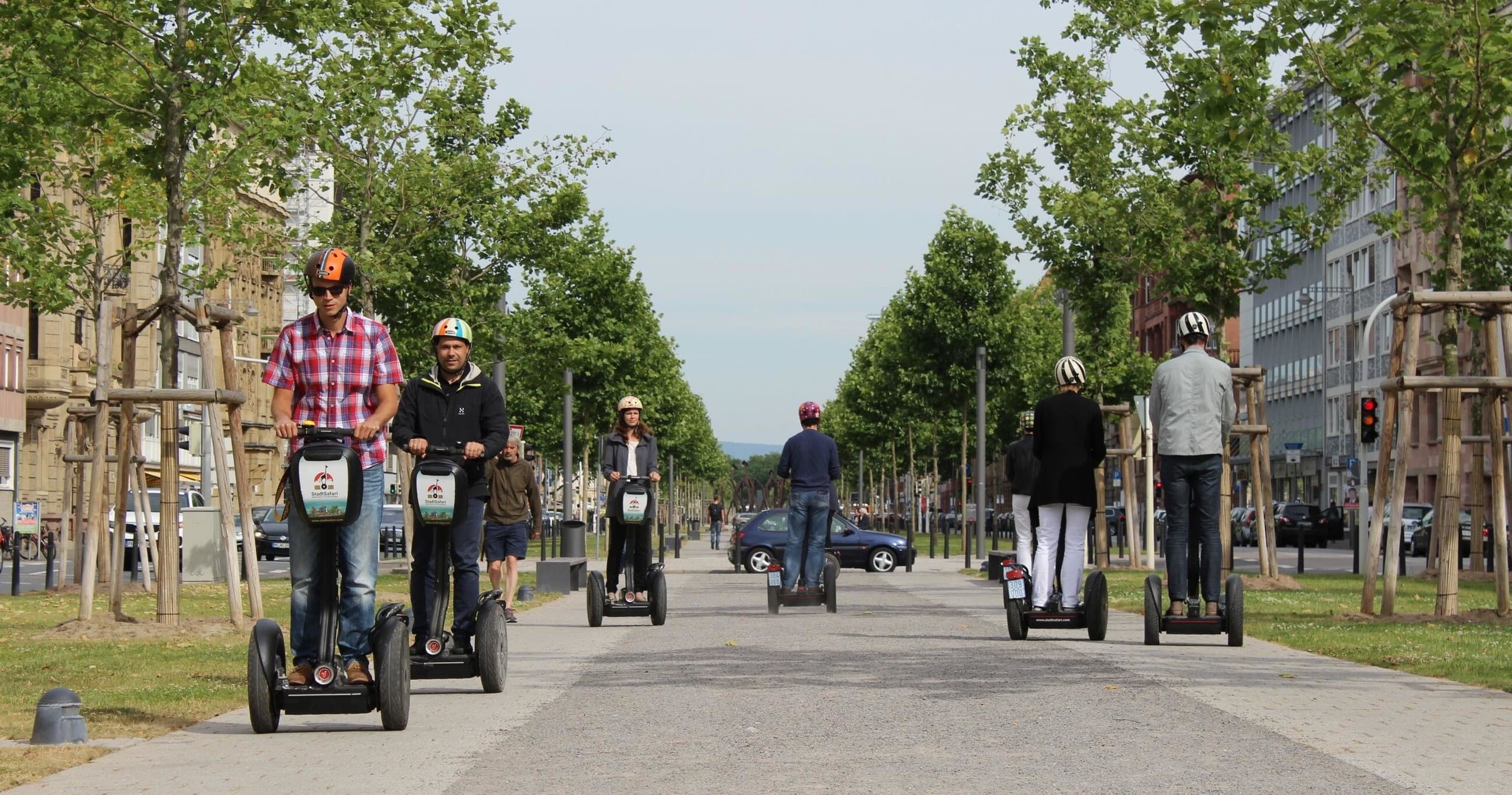 Segway riders gliding down tree-lined avenue on urban tour