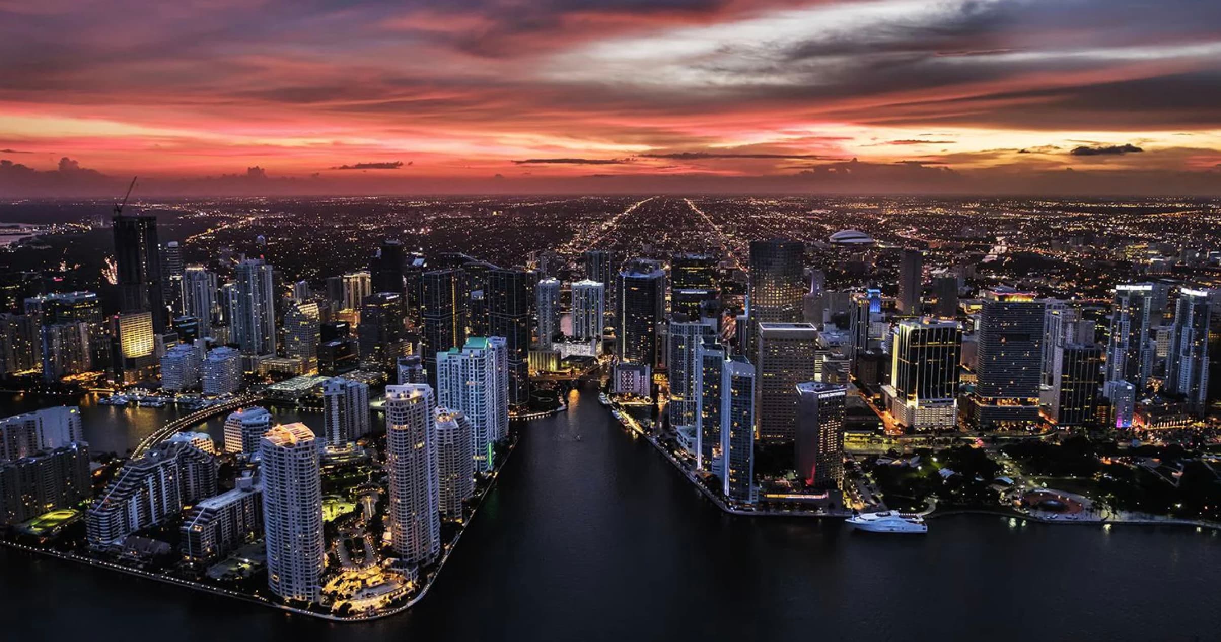 Aerial Miami skyline at dusk over Biscayne Bay, cityscape