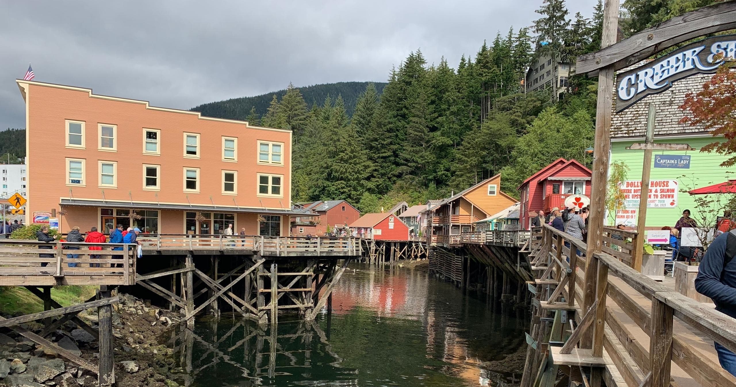Ketchikan waterfront boardwalk with colorful Creek Street buildings
