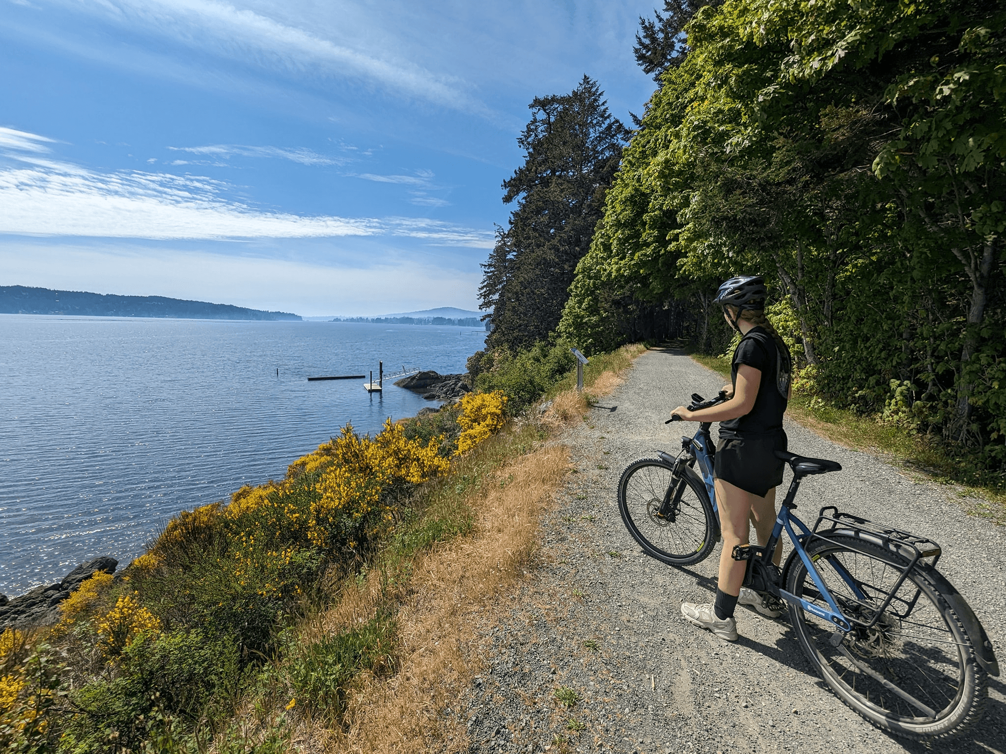 Cyclist on coastal bluff trail with ocean views and wildflowers