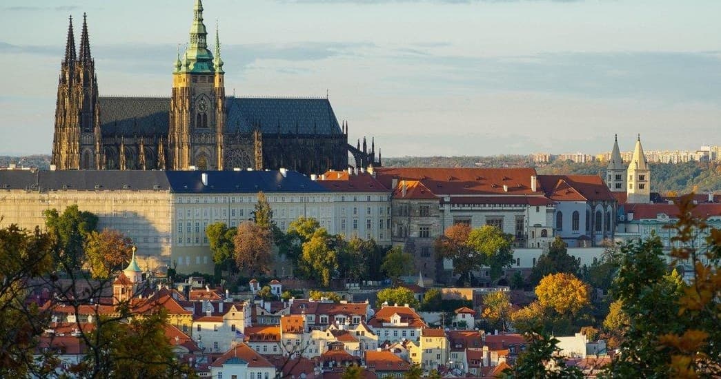Prague Castle skyline over Vltava River, panoramic city view