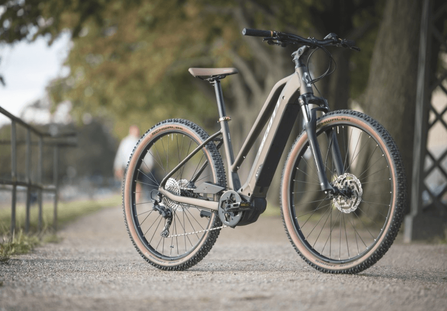 Trail bike parked on tree-lined path with soft blurred background