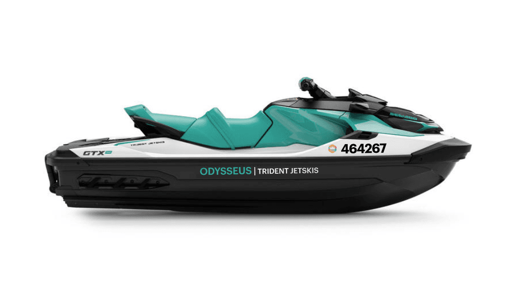 Teal jet ski side profile on white background, clean composition